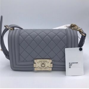 CHANEL small boy Gray Quilted Boy Flap Shoulder Bag with Gold Hardware